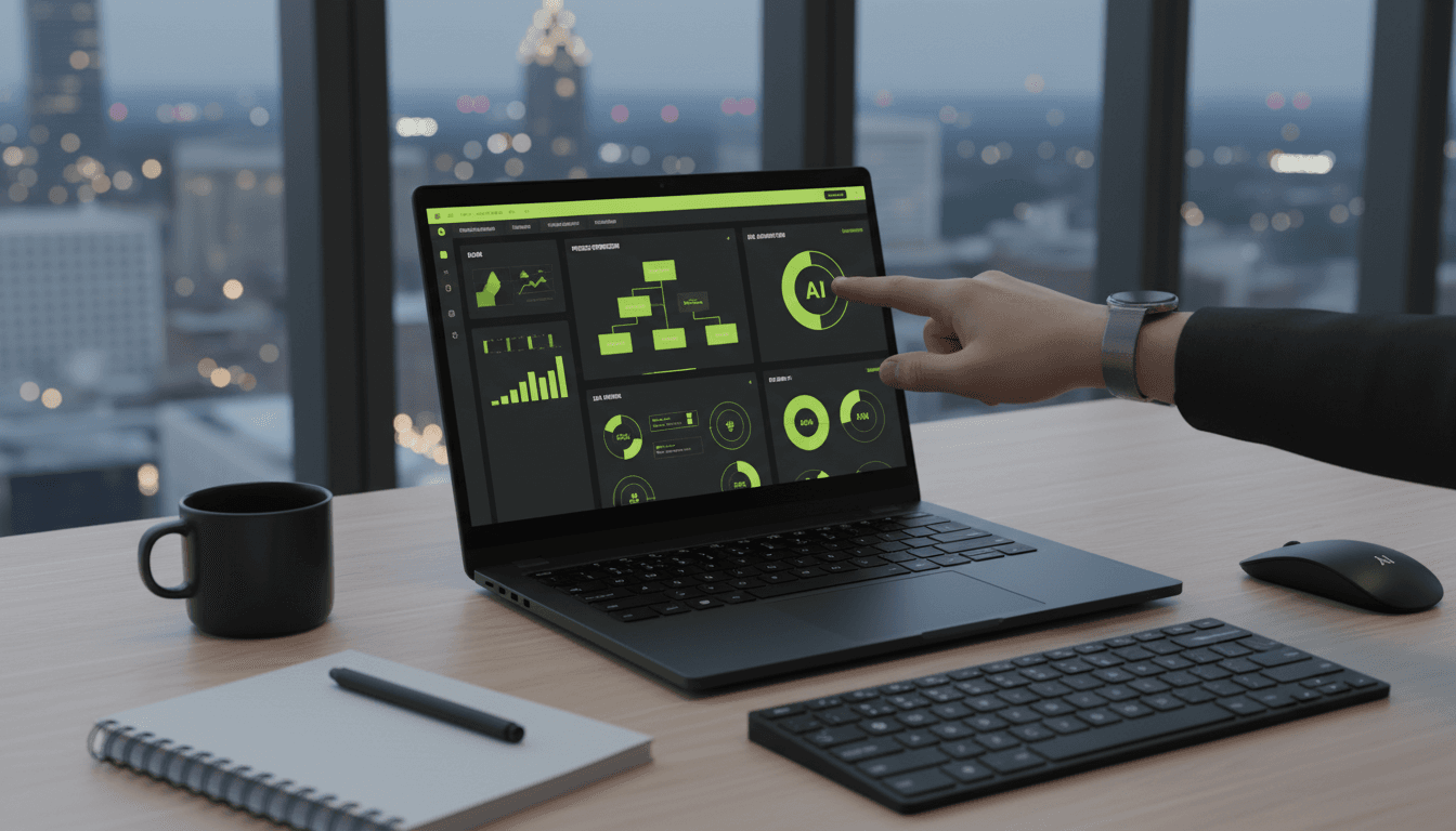 AI automation software interface on laptop with lime green accents in modern workspace