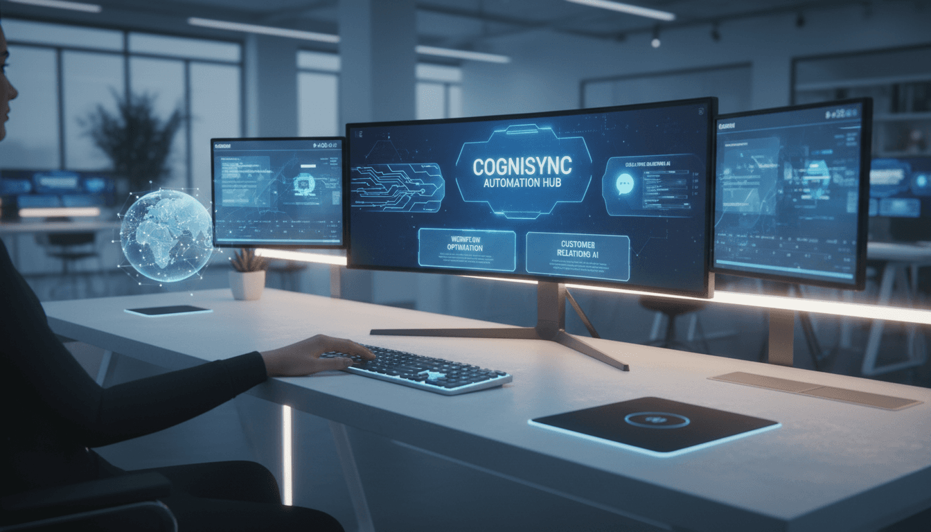 Modern workspace with AI automation dashboard displayed on computer monitors