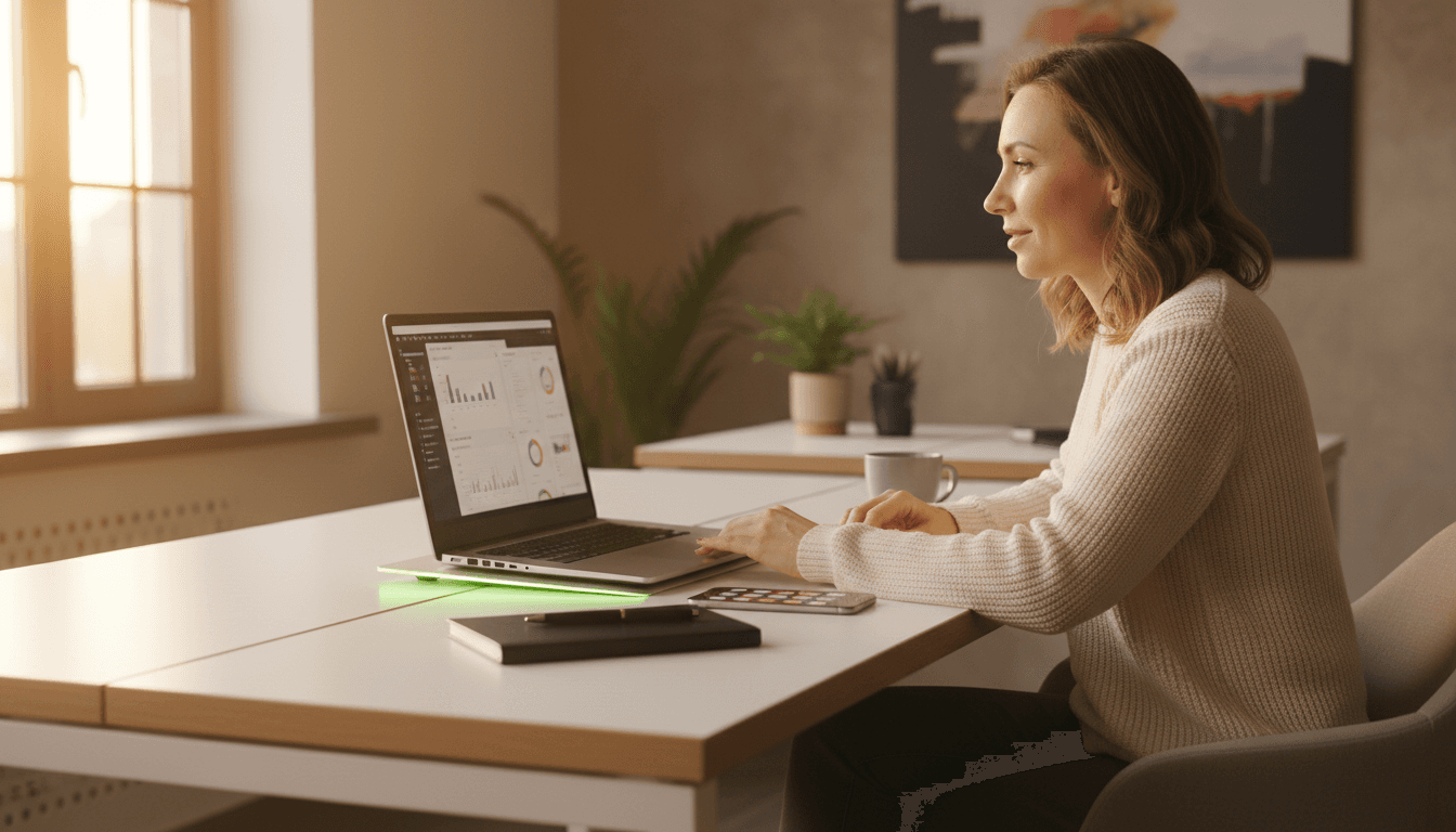 Small business owner at desk with laptop, confidently managing automated business tasks