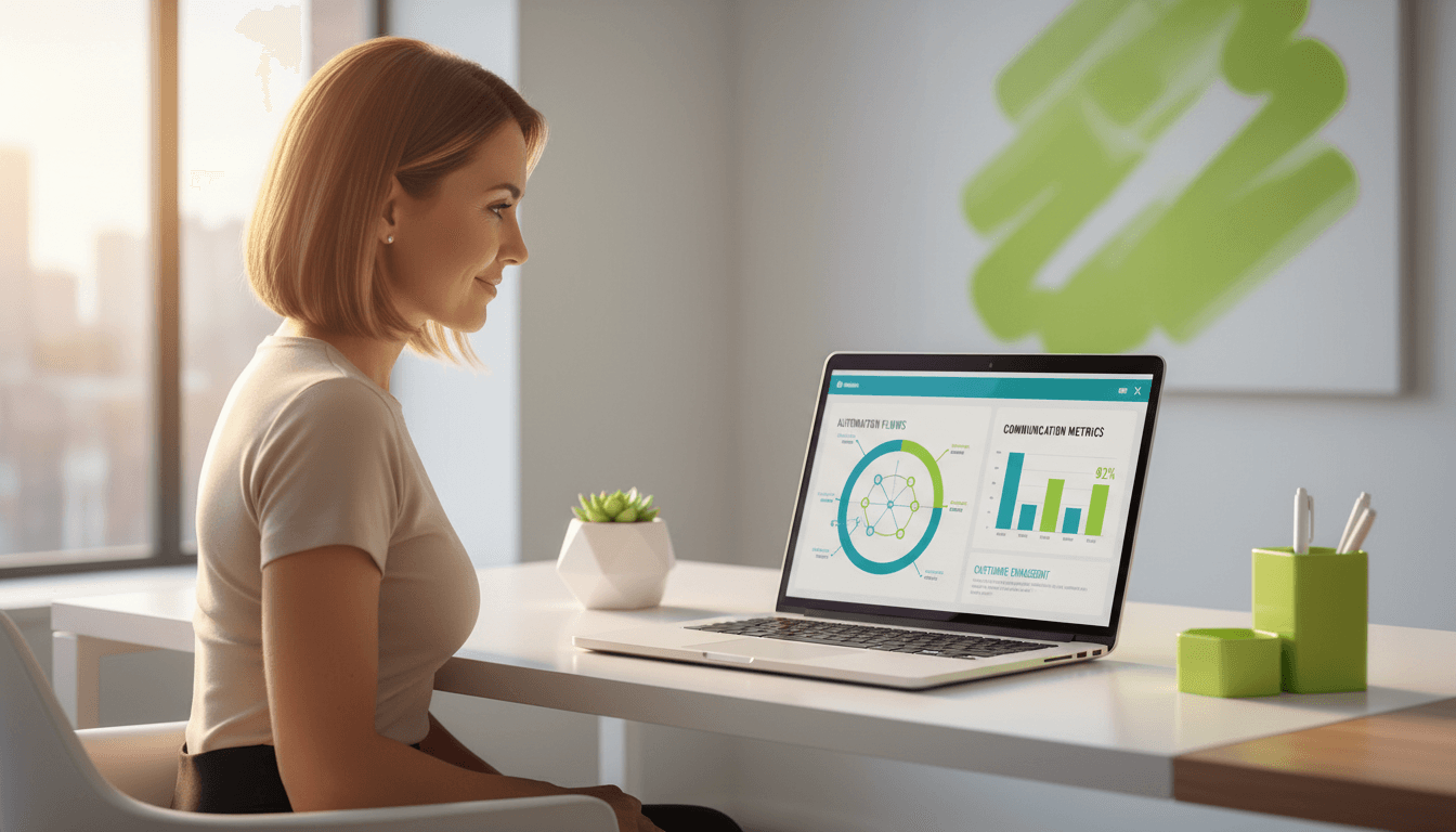 Small business owner reviewing AI automation dashboard on laptop